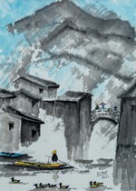 Orage surplombant un village chinois au bord de l