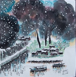 village chinois sous les arbres et bateaux sous les flocons de neige