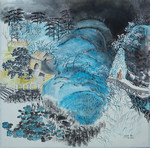 moine traversant torrent et montagne bleue pour aller au temple