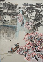Village fleuri chinois traversé par un canal surmonté d
