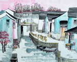 Village chinois traditionnel aux reflets roses et bleus traversé par un canal bordé d
