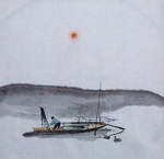 sous le soleil couchant, pêcheur sur sa barque et petit canard