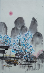 arbre bleu et bateau dans la douceur de guilin
