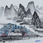 village sous les montagnes de chine, au bord de l'eau, à l'ombre des arbres bleus